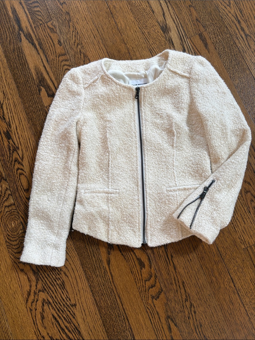 Club Monaco Cream Bouclé Zip-Front Jacket, 0